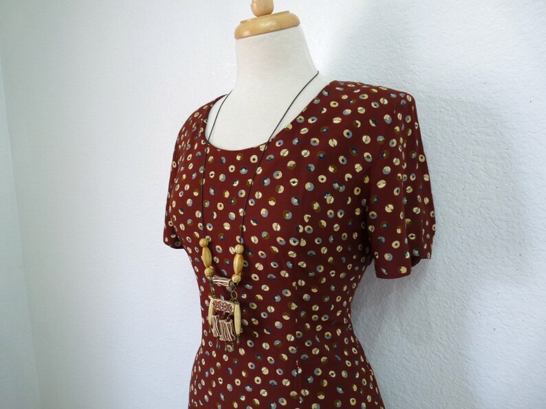 Vintage 1940s Dress Polka Dot Brown Rayon 40s Day Dress Medium