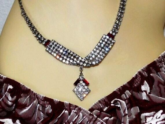 Vintage Necklace and Bracelet Set Crystal and Rub… - image 5