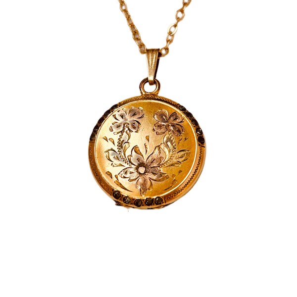 Vintage Antique 12k Gold HFB Hand Engraved Flower Paste Rhinestone Etched Art Deco Locket Necklace