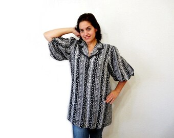 Fabulous 1980s Diane Freis tunic blouse monochrome black and white | Large