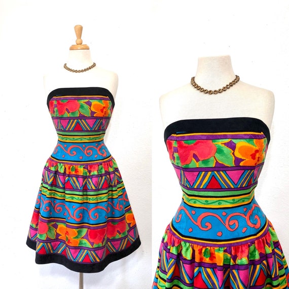 1980s Strapless Dress Geometric Floral Print A.J.