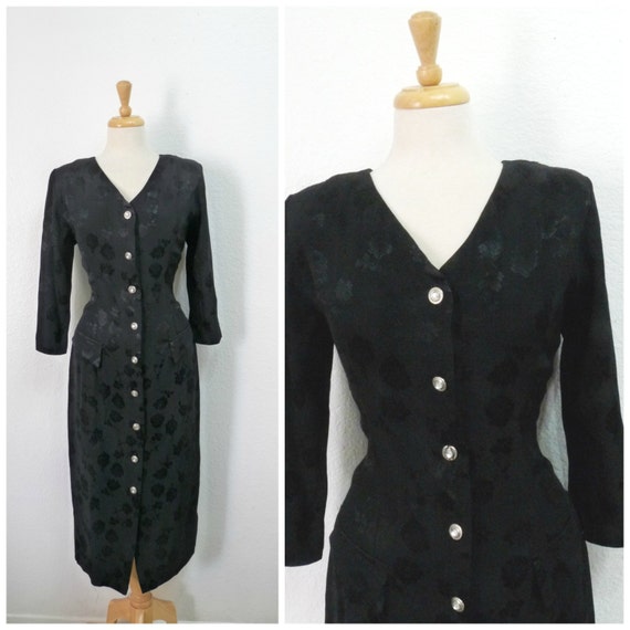 Vintage 1940s Dress Black Brocade Rayon Button fr… - image 1