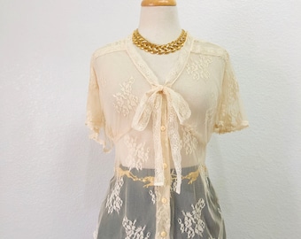 Lace Blouse Victorian Inspired See Through, Short Sleeves V-neck Fashion Wear Oversized