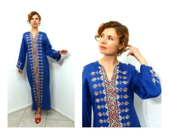 1930s Dress Palestinian Hand Embroidered Blue Museum Piece Treads on Canvas