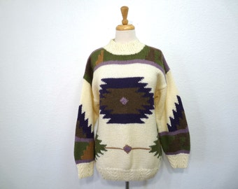 Vintage Hand-Knit Sweater Aztec Southwestern Ski Resort, Chimayo M/L