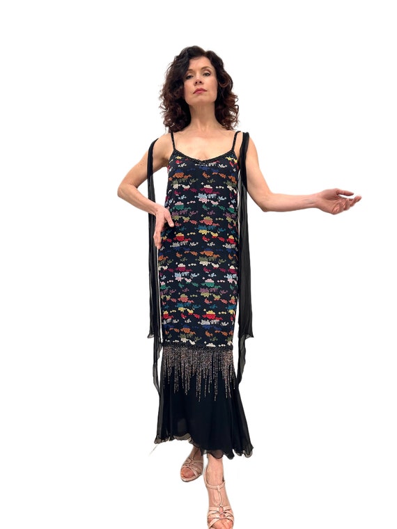 1970s Dress Holly Harp Black Chiffon Beaded Fringe Floral 