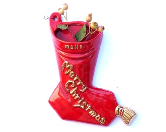 Vintage 1958s  Red Ceramic Boot Wall Decor Merry Christmas Gold Sign Holiday Decoration