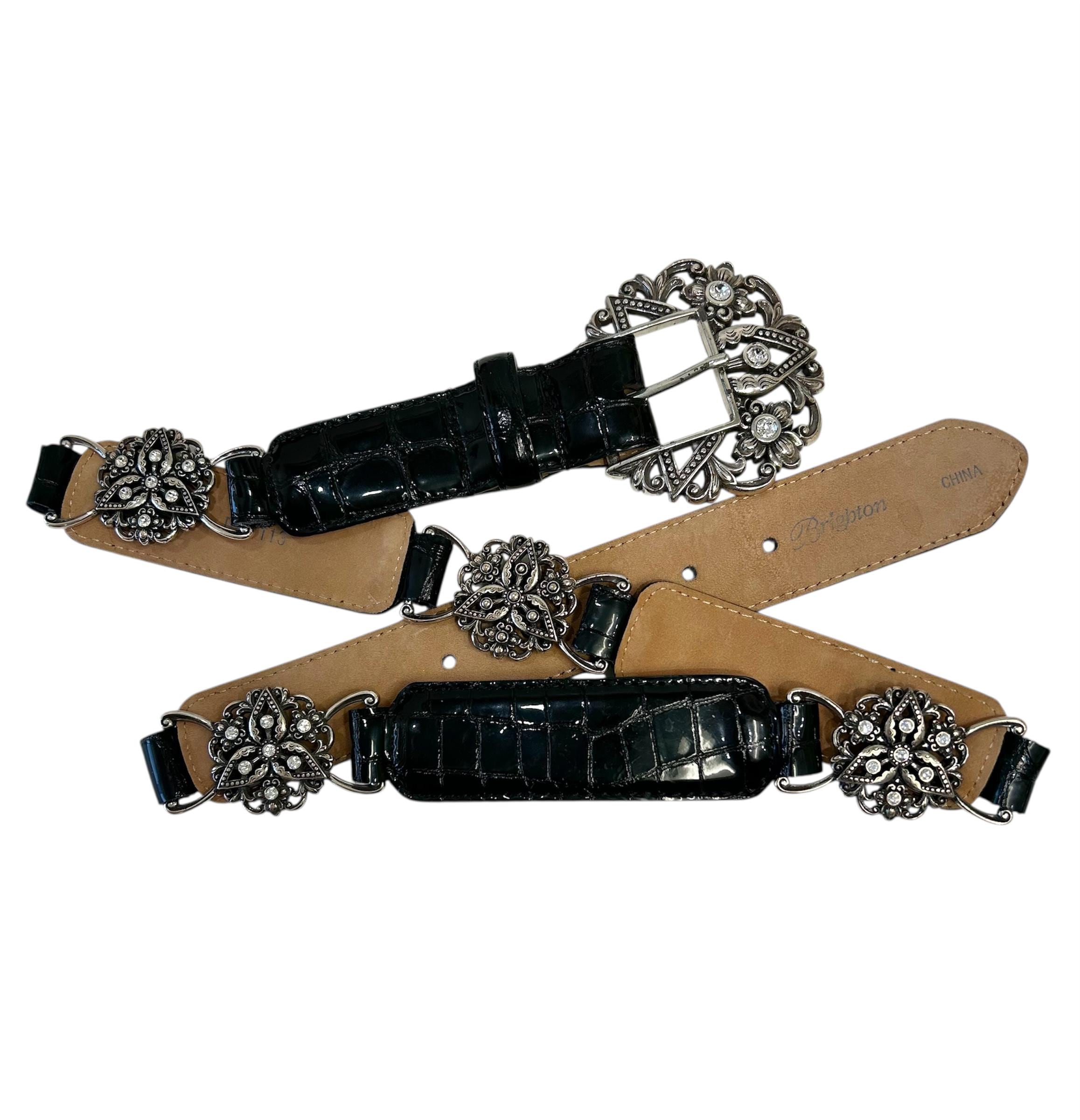 Brighton Silver Rhinestone Buckle Belt Black Leather 
