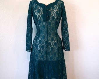 1980s Dress Emerald Green Lace Dress Corset Lace  Holiday Party Dress Size Small