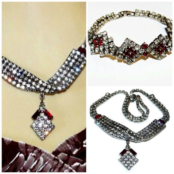Vintage Necklace and Bracelet Set Crystal and Rub… - image 2