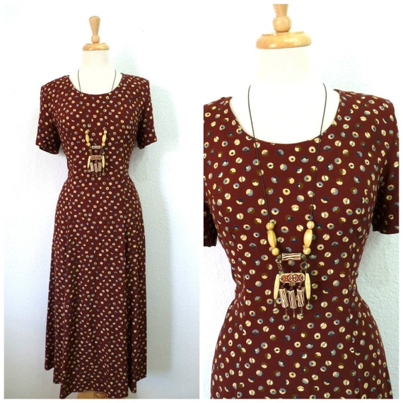 Vintage 1940s Dress Rayon Brown Space colorful pr… - image 1