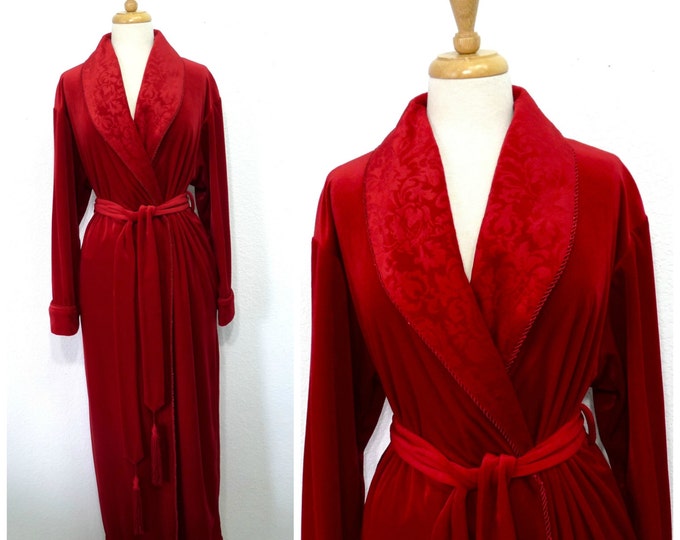 Vintage Red Velvet Robe Hostess Gown Valerie Stevens Paisley Fringe