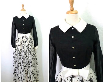 1960s Miss Elliette Dress Black Sheer Cotton Floral Print Skirt Sheer Sleeve Maxi Evening Party Size Small /Medium