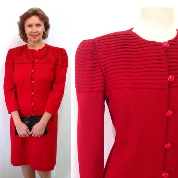 1980s Dress Red Wool I. Magnin Buttons front Even… - image 1
