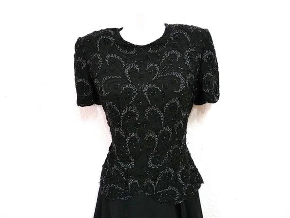 1980s Black Silk Beaded Dress Soutaché Full Skirt Adrianna Papell Evening Party S/M