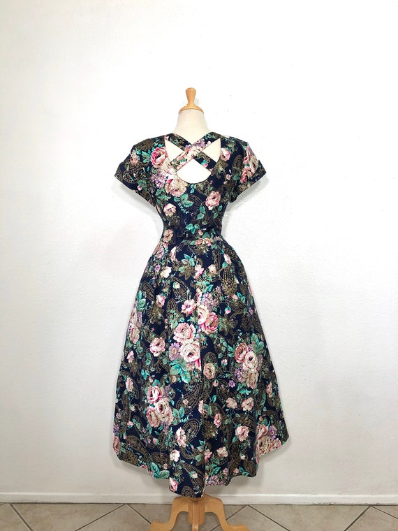 1980s Dress Cotton Floral Print cotton Full skirt… - image 5