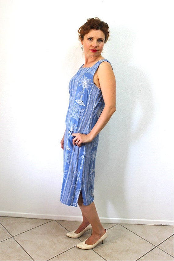 1960s Dress Blue Hawaii Tropical Palm Bird Print … - image 2