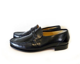 Black leather shoes Nunn Bush Loafers Slip on Braided Stacked Heel Mens size 10.5