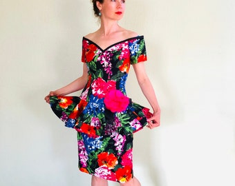 80s Lillie Rubin Dress Floral Garden Off shoulder Cocktail Party Summer Sundress Size 8