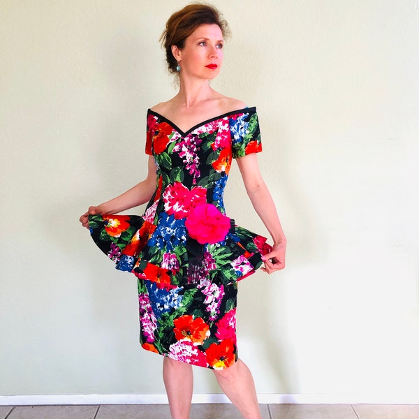 80s Lillie Rubin Dress Floral Garden Off shoulder Cocktail Party Summer Sundress Size 8