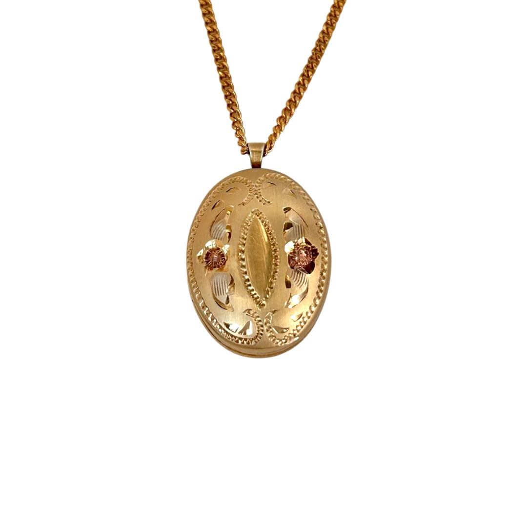 Vintage Oval Locket 14k Gold & Sterling Silver Hand Engraved Flower ...