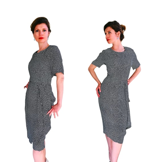 1980s Givenchy Boutiques Black Silk Polka dot Drape Wrap Cocktail Dress