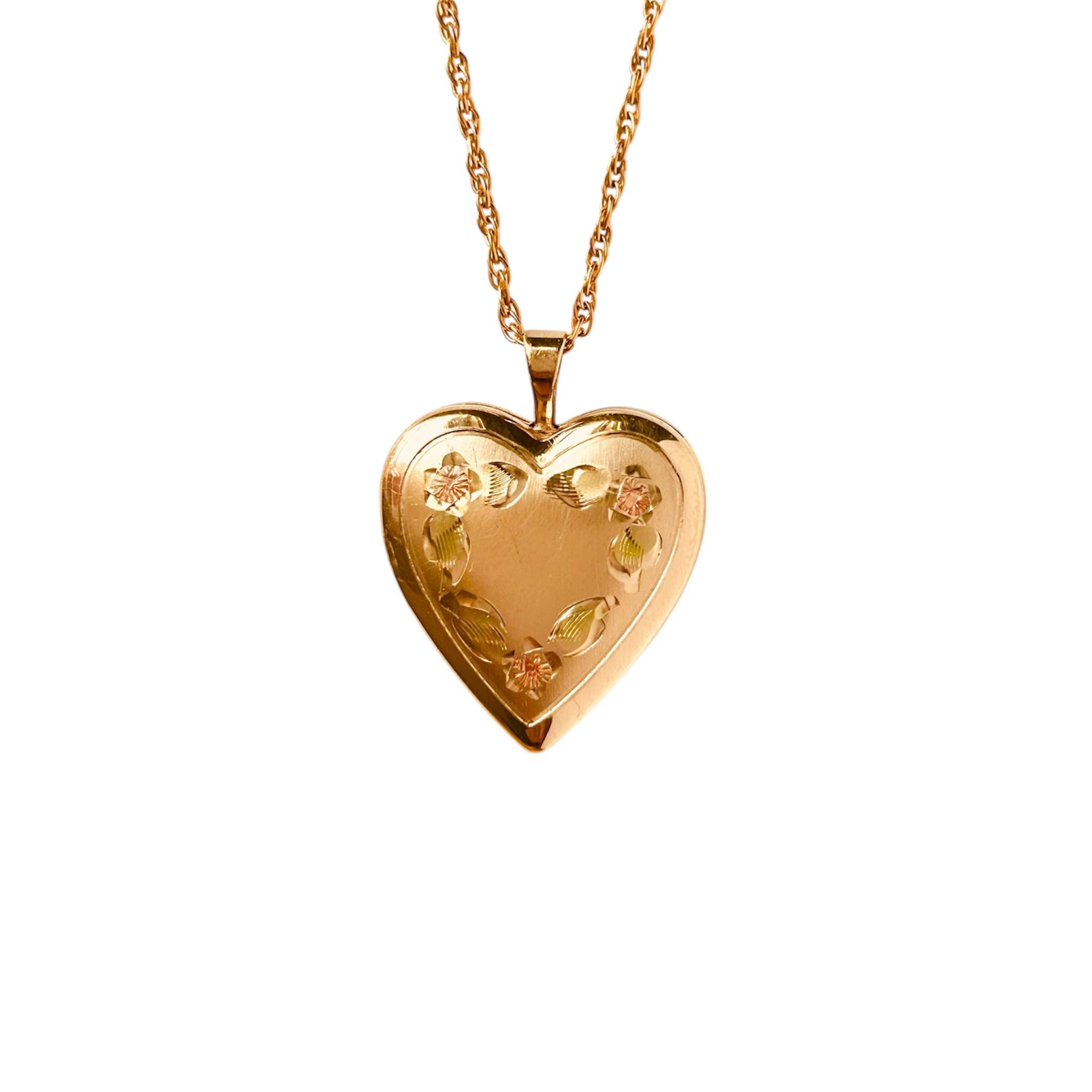 Vintage 1950s Heart Locket 14k Gold Hand Engraved Floral Photo frames Heart Pendant Necklace