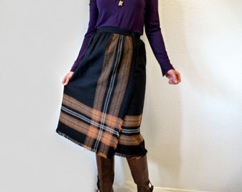 Vintage Wrap Skirt Plaid Fringe Wool Gray Haberdashery by Personal S