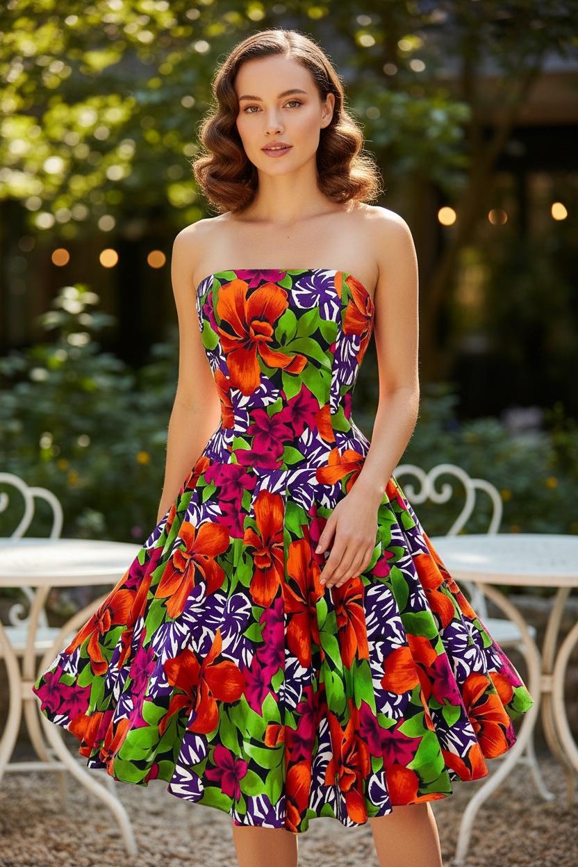 1980s A.J. Bari Dress Jacquard Cotton Strapless Red Floral Full