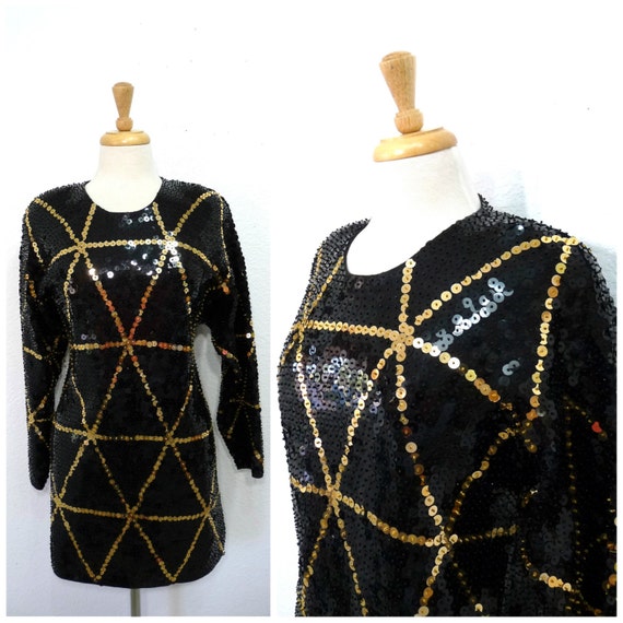 1980's Tunic Black and Gold Sequin Spider Web / Mi