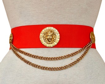 Vintage Gold Medusa Head Versace Inspired Belt Greek Key Mythology Medallion Studded Coral Red Swag Gold Chain S/M