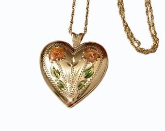 Vintage 1950s Heart Locket 14k Gold PPC Hand Engraved Flower Art Deco Heart Pendant Necklace