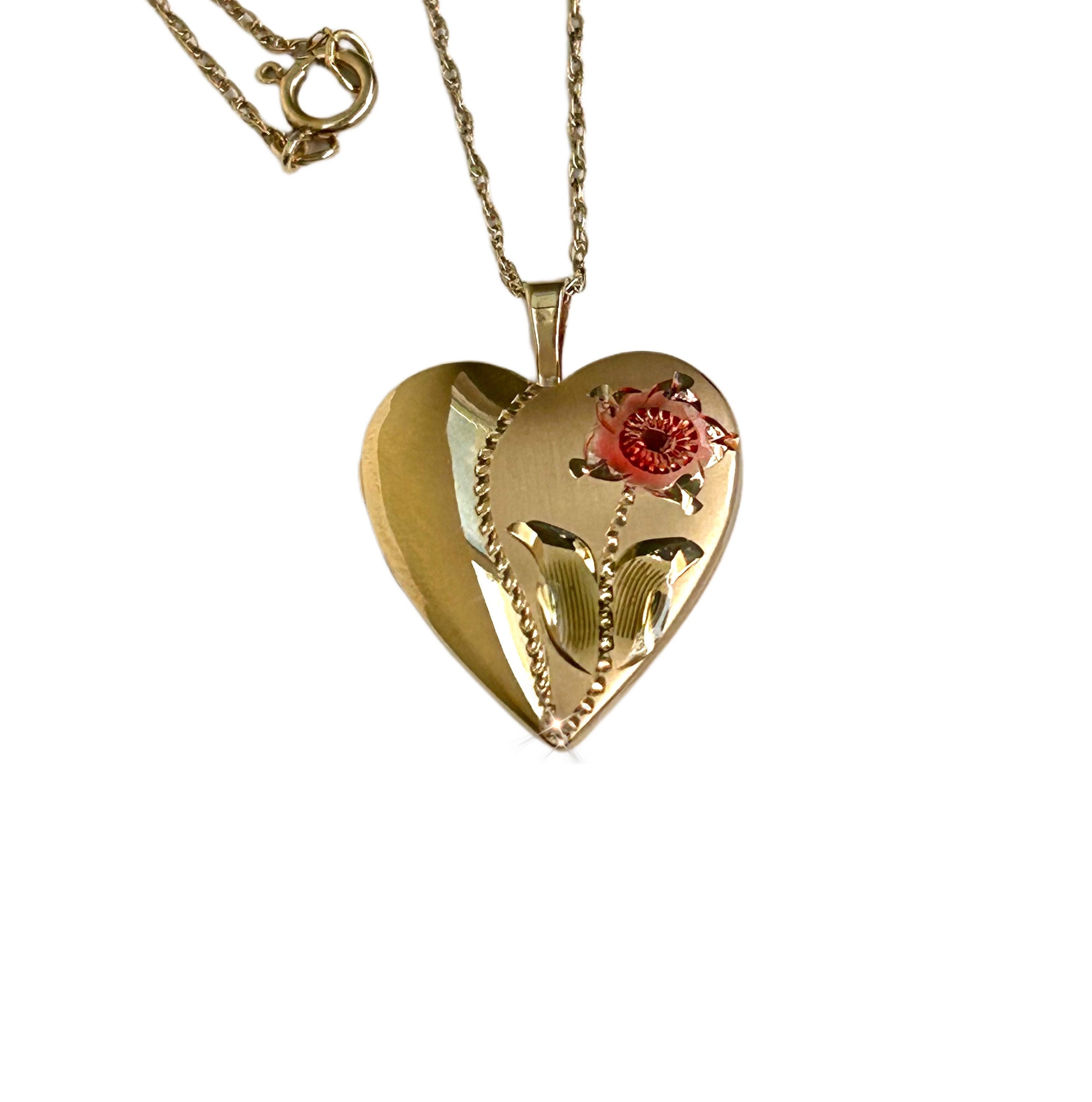 Vintage 1950s Heart Locket 14K Gold PPC Hand Engraved Flower Enamel Photo Frames Art Deco Keepsake Necklace