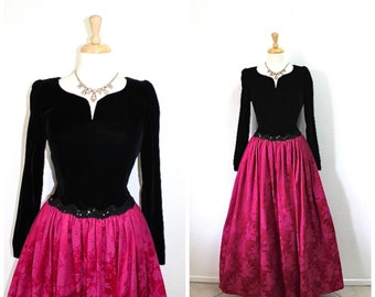 1980s Dress Black Velvet and Fuchsia Brocade Sweetheart Sequin Scott McClintock Evening Party Prom Maxi dress