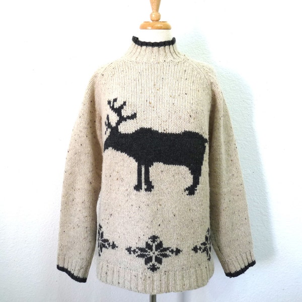 Vintage Sweater Nordic Moose pattern Wool Islandic Eddie Bauer Size L/G