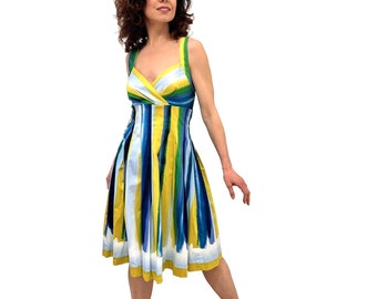 Vintage Cotton Dress Rainbow Striped Print Full Pleated Skirt Summer Dress Size Small
