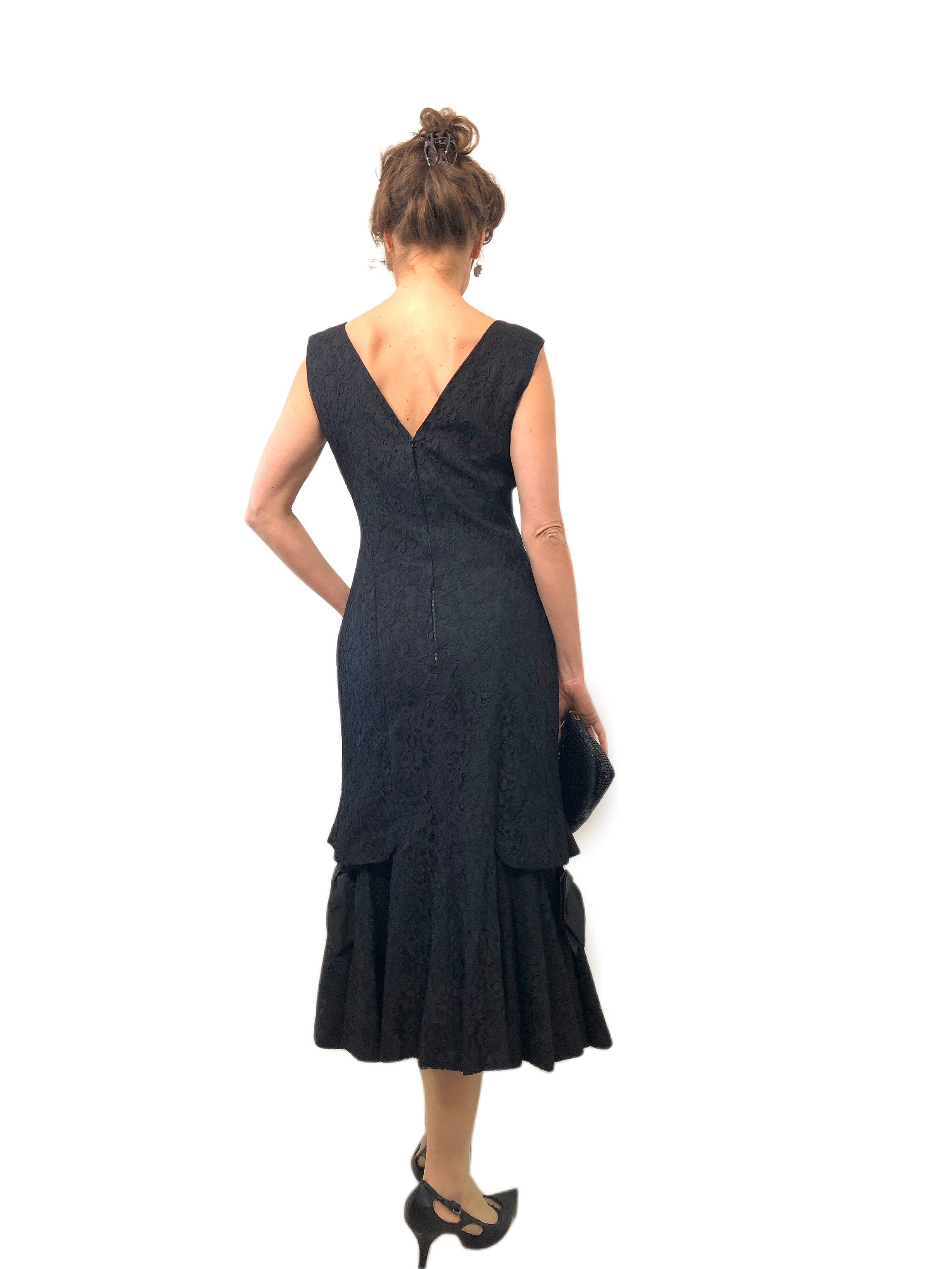 Vintage 1950s Lilli Diamond Black Taffeta Lace Overlay Cocktail