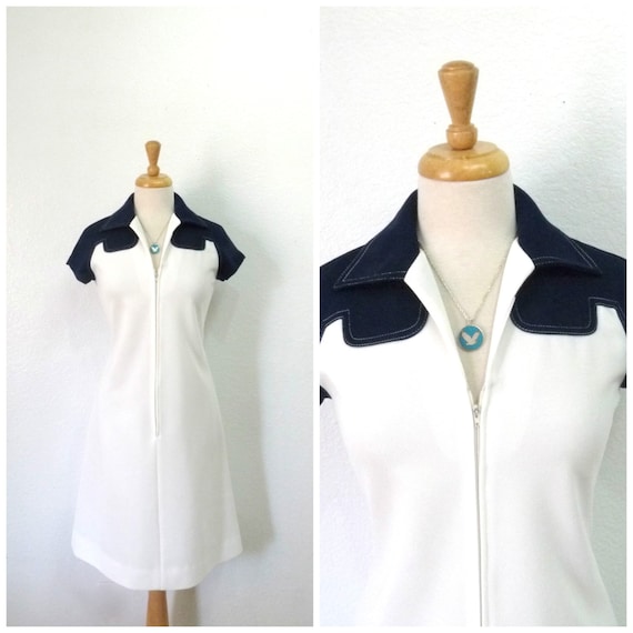 1970s dress Leslie Fay, White and Navy blue Zipper