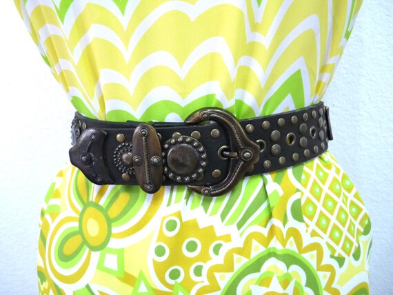 Vintage Leather Belt Brown Studded Rivets Brass Original by