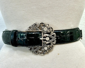 Brighton Silver Rhinestone Buckle Belt Black Leather Embossed Dressy Link Belt Sz 34