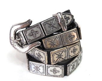 Brighton Leather Belt Silver Links Engraved Studded, Conchos Genuine Leather Silver Tile Buckle Belt