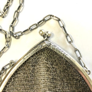 Antique 1800s Silver Mesh Chatelaine Purse Alpacca Engraved German Chain Kiss Clasp Purse Handbag image 4