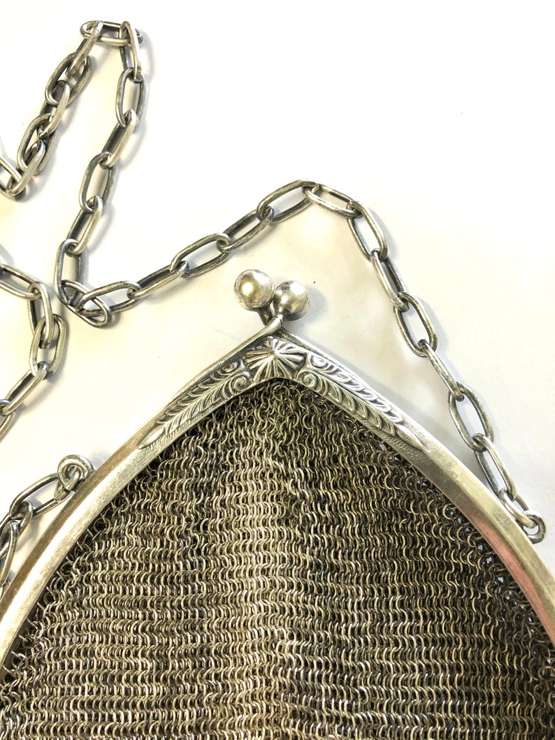 Antique 1800s Silver Mesh Chatelaine Purse Alpacca Engraved German Chain Kiss Clasp Purse Handbag image 4