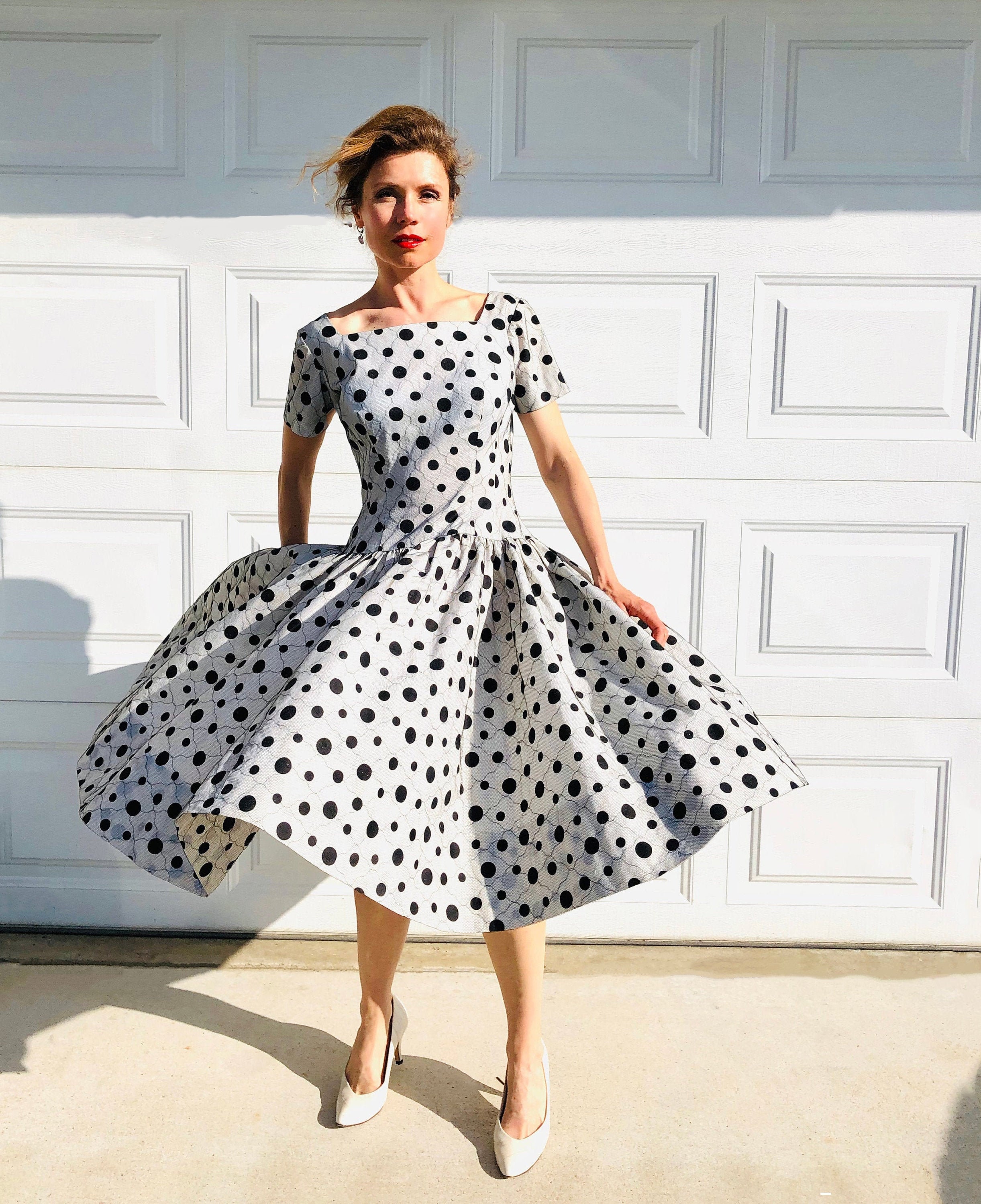 1950s Jonny Herbert Dress Polka Dot Cotton Lace Overlay Full Skirt