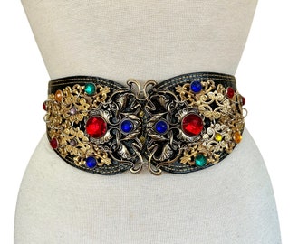 Jose Cotel 1985s Gold Studded Rhinestones Multi Color Black Leather Belt, Gold Filigree Corset Belt Made in France