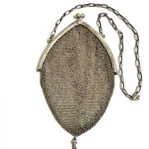 Antique 1800s Silver Mesh Chatelaine Purse Alpacca Engraved German Chain Kiss Clasp Purse Handbag image 1