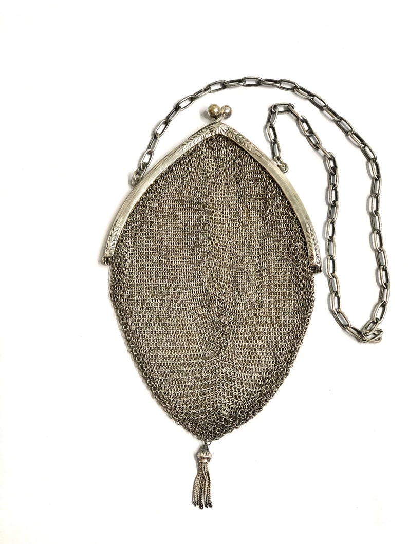 Antique 1800s Silver Mesh Chatelaine Purse Alpacca Engraved German Chain Kiss Clasp Purse Handbag image 1