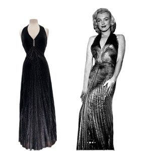 Travilla Marilyn Monroe Dress Halter Black Pleated Silver Metallic Evening Gown