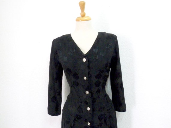 Vintage 1940s Dress Black Brocade Rayon Button fr… - image 2