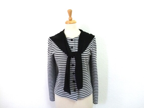 Vintage Striped Blouse Black White Silver Long Sl